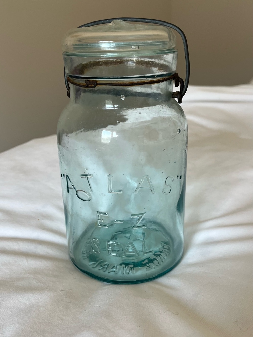 Antique Aqua Glass 'Atlas' E-Z Seal Jar with Wire Bail